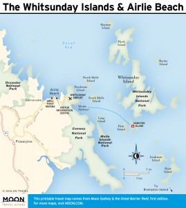 Travel map of The Whitsunday Islands and Airlie Beach, Australia