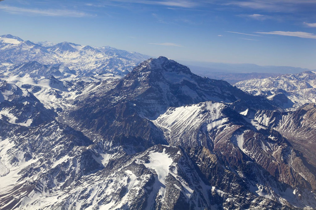Aerial view of the snow-covered Andes with Aconcagua center stage.