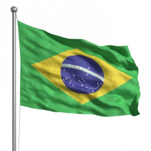 The Brazilian flag on a white background.