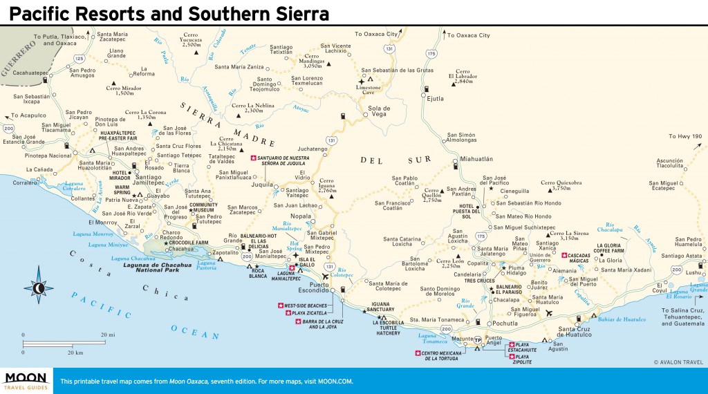 Travel map of Oaxaca's Pacific Resorts and Southern Sierra