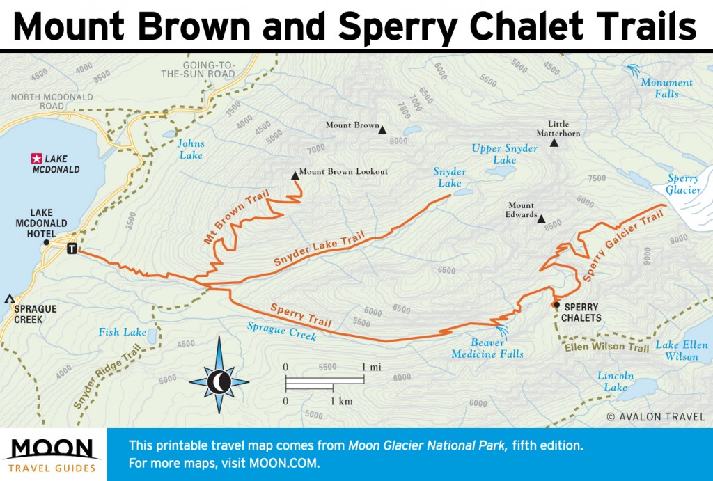 Travel map of Mount Brown and Sperry Chalet Trails