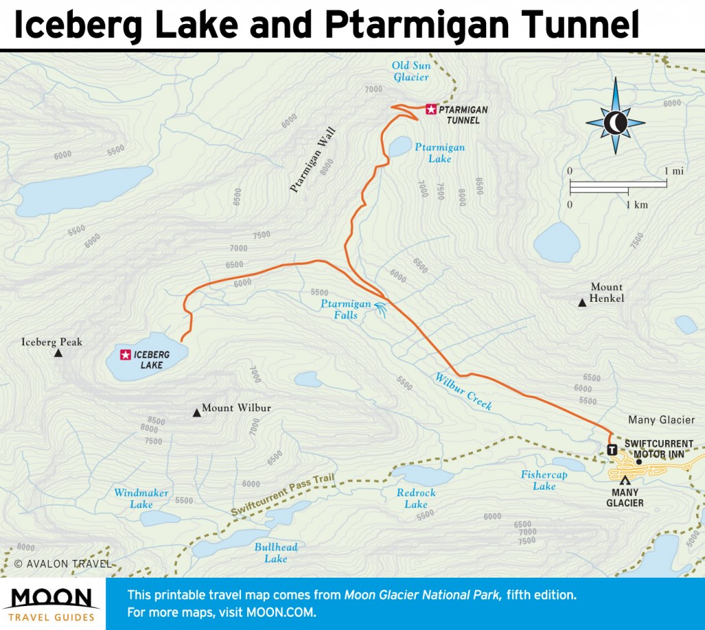 Travel map of Iceberg Lake and Ptarmigan Tunnel