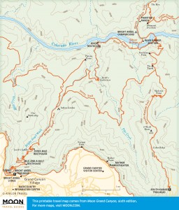 Travel map of Bright Angel and South Kaibab Trails in the Grand Canyon
