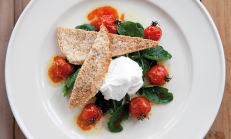 Slow roasted tomatoes, fresh cheese and pita breads  (Annabel Langbein)