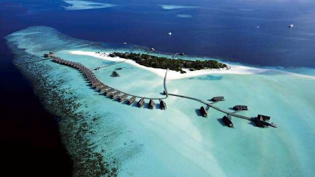 An aerial view of Cocoa Island resort in the Maldives.