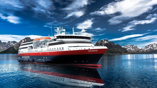A Hurtigruten ship in the Norwegian fiords.