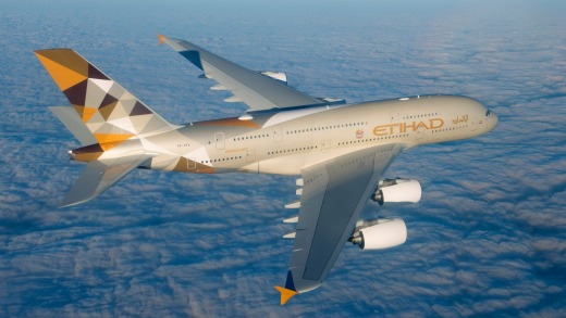An Etihad Airlines A380-800.