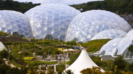Three biomes at the Eden Project, the largest greenhouses in the world.