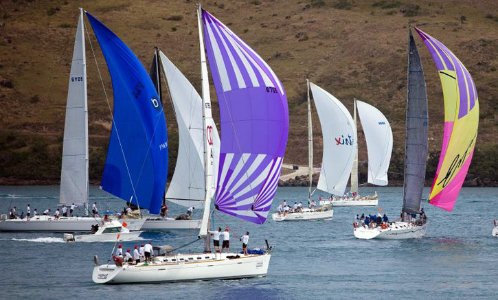 Sailboats in the waters off Hamilton Island, Australia.