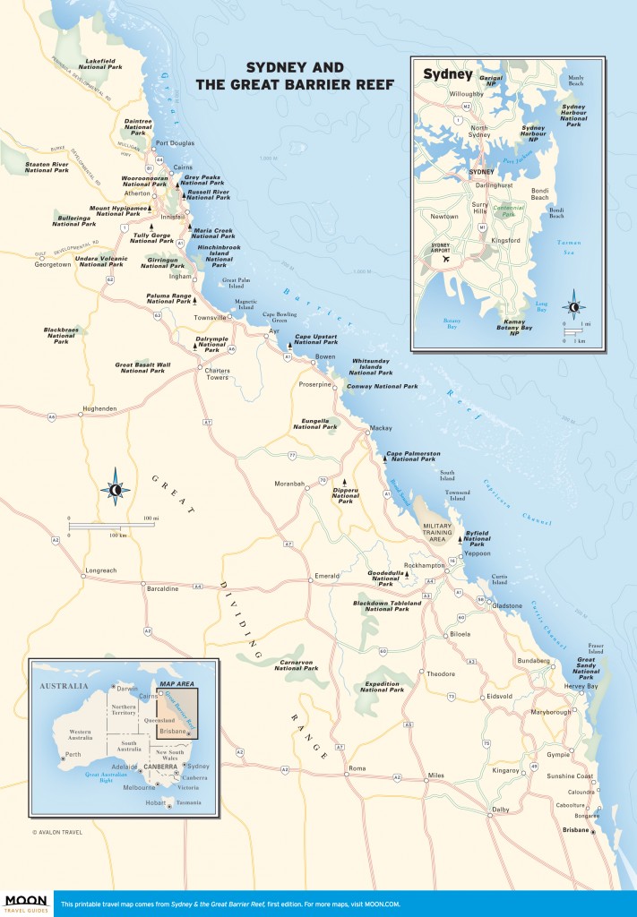 Travel map of Sydney and the Great Barrier Reef, Australia.