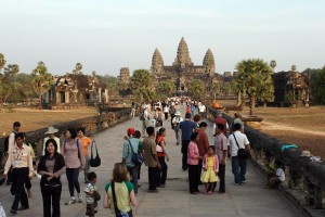 View from the west gopura along the Naga lined inner causeway to Angkor Wat.