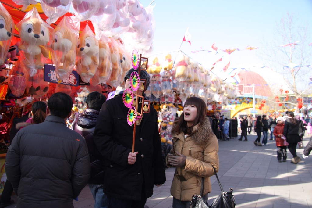 Stuffed animals line booths at at temple fair in Chaoyang Park.