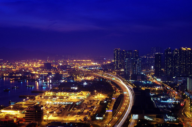 Cityscape of West Kowloon at night.