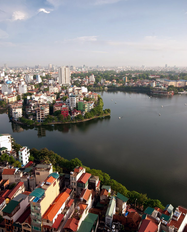 An aerial view of the Hanoi cityscape in Vietnam.