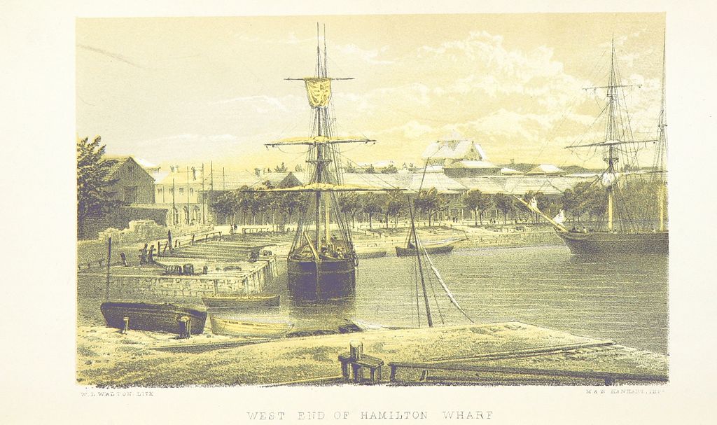 Depiction of the west end of Hamilton Wharf circa 1857. Public domain via Wikimedia Commons.