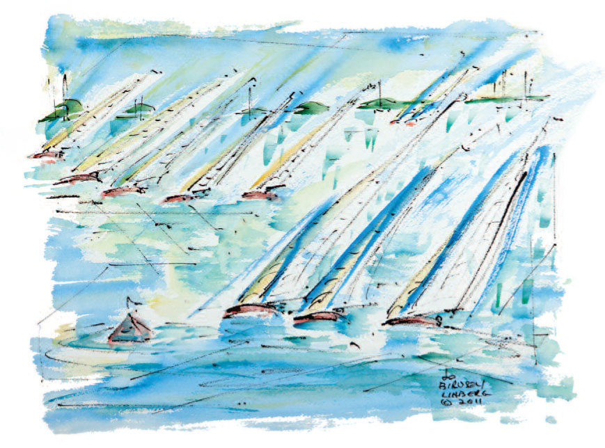 A watercolor painting of sailboats by Bermuda artist Jo Birdsey-Linberg.