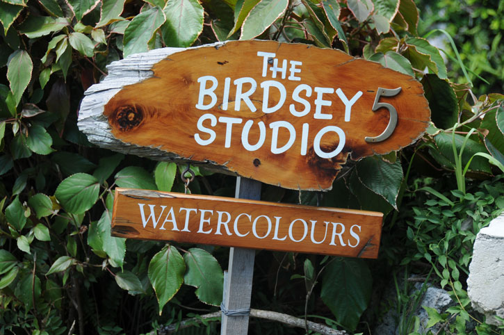 A wooden sign reading The Birdsey Studio - Watercolours staked outside.