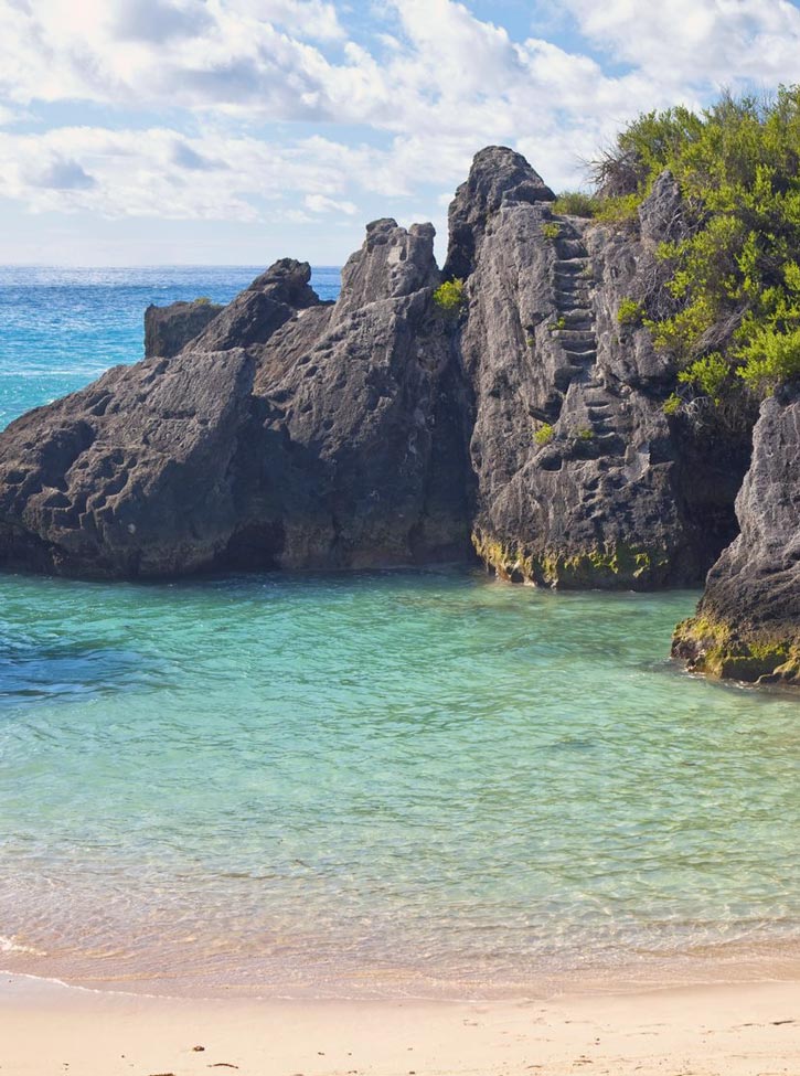 A sheltered cove of turquoise water on Bermuda's south shore.