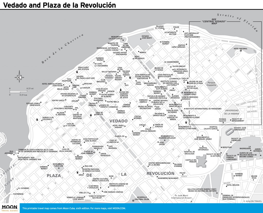 Travel map of Vedado and Plaza de la Revolución, Cuba