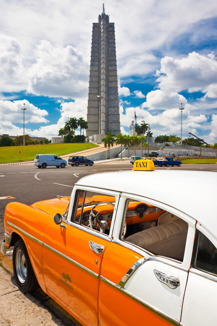 A classic Chevrolet taxi parked in the Plaza de la Revolución in Havana, Cuba.