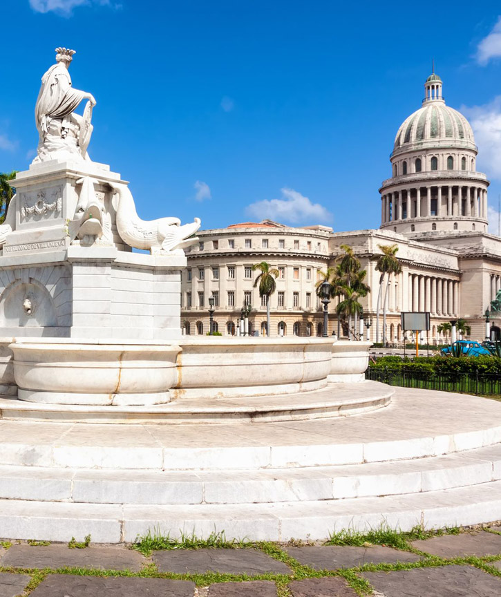 Fuente de la India marble fountain, also known as La Noble Habana, overlooks the Havana Capitol in Cuba.
