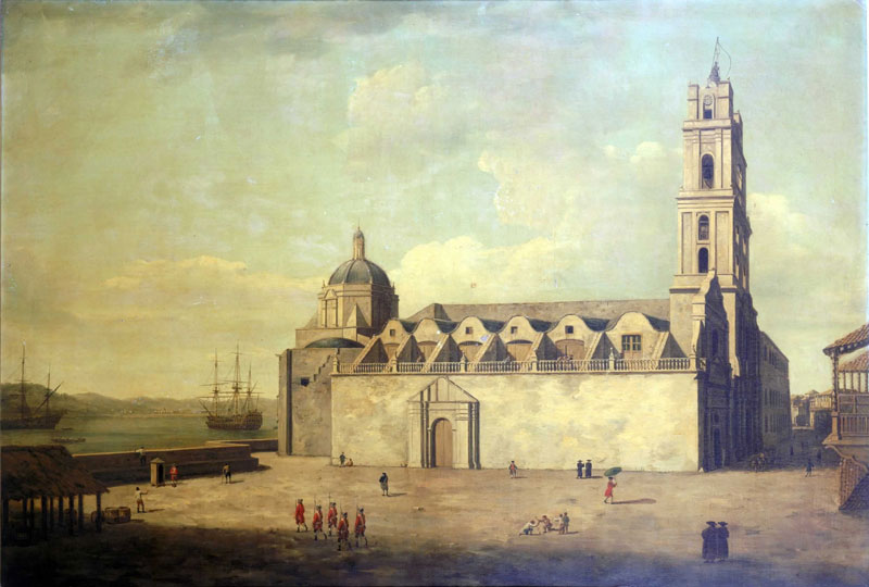 16th century painting of British troops outside a Cathedral in occupied Havana, Cuba.