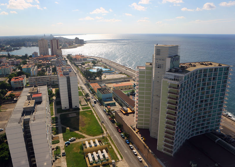 Aerial view of Havana with a spectacular look at the Hotel Riviera and the waterfront.