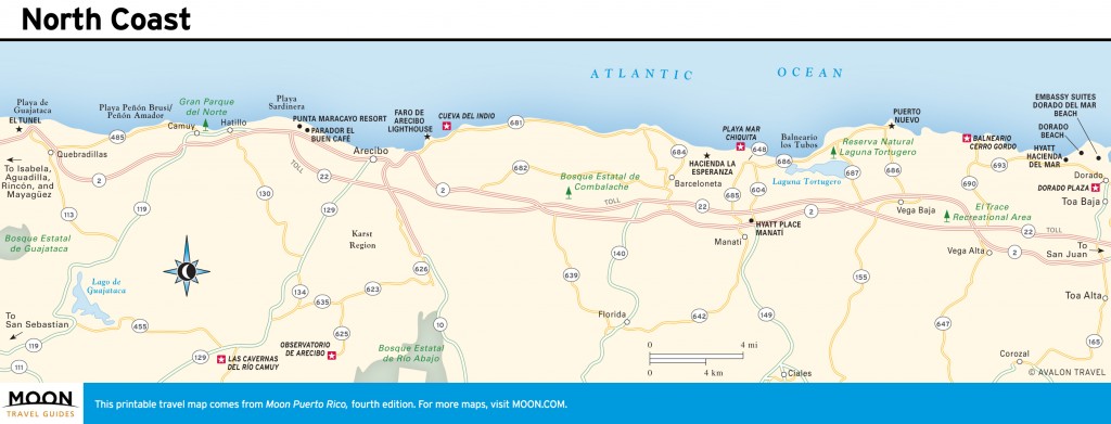 Travel map of North Coast, Puerto Rico