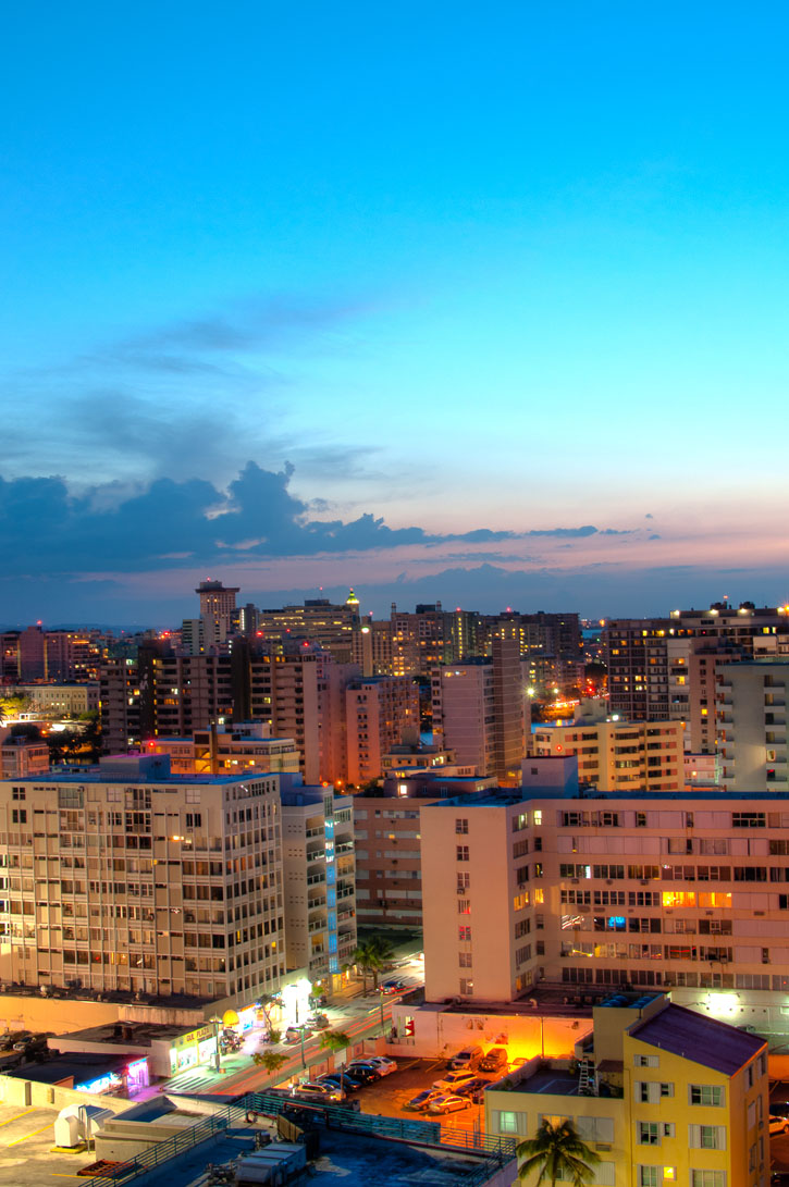 The San Juan, Puerto Rico, skyline at night.