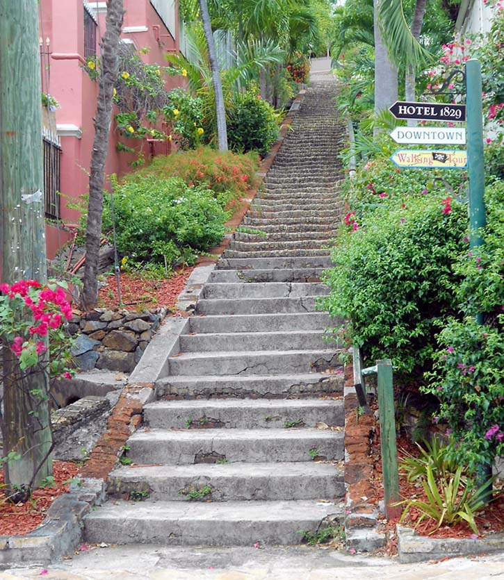 A steep stone staircase heads up a scenic alley.
