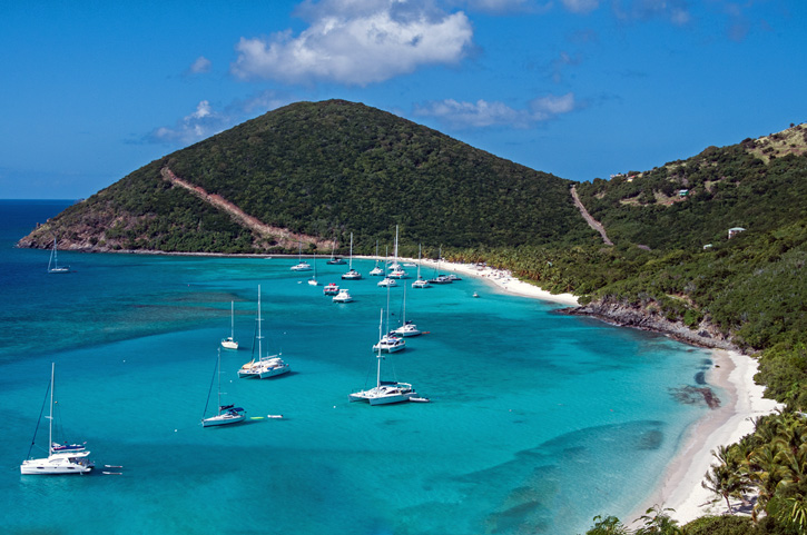 Boats anchored in the blue waters of Jost Van Dyke's White Bay.