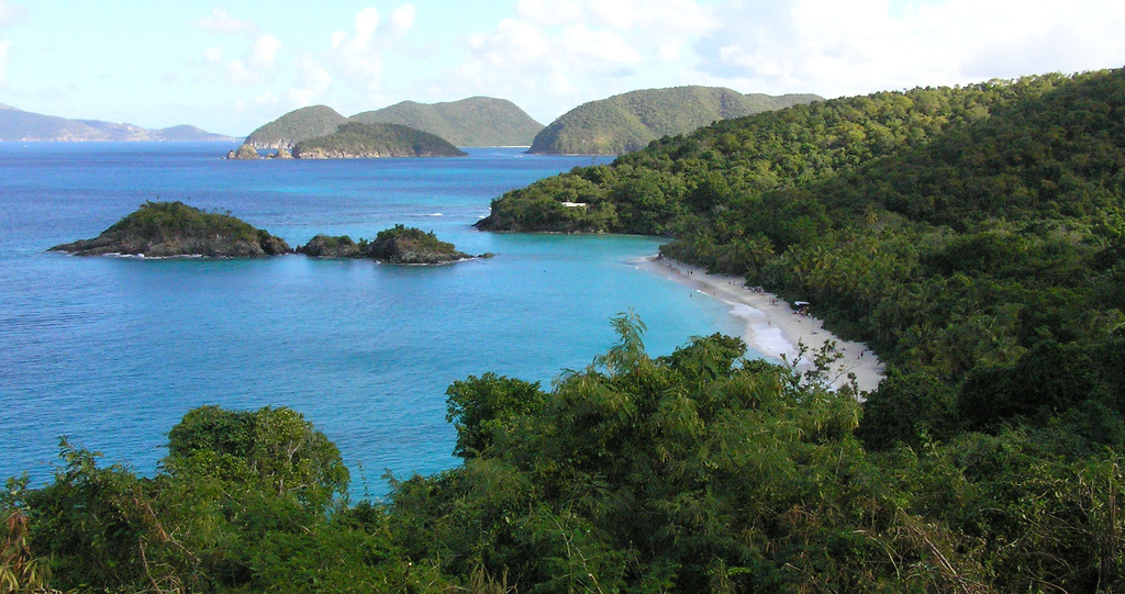 A view of a crescent beach with a strip of white sand surrounded by heavy vegetation.