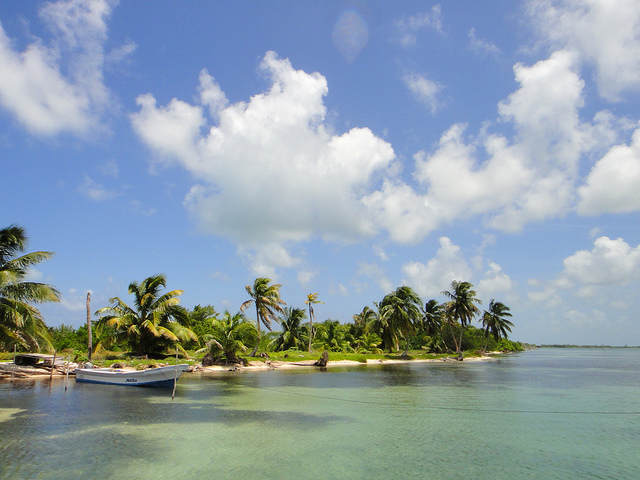 A small boat docked at the Turneffe Islands in Belize.