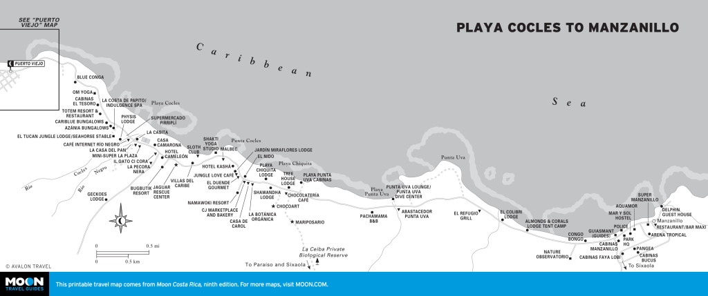 Map of Playa Cocles to Manzanillo, Costa Rica