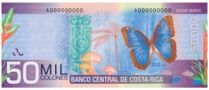 A colorful 50,000 banknote with an illustration of a butterfly.