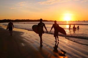 Silhouetted by the setting sun, surfers walk down the beach carrying their boards.