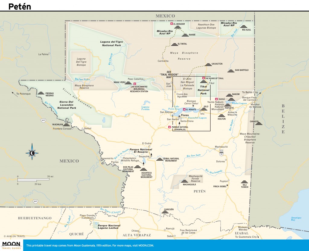 Travel map of Petén, Guatemala