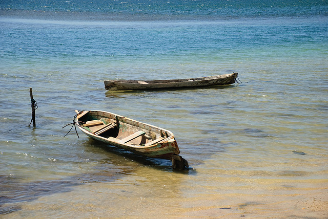 A pair of simple wooden canoes pulled up into the shallows.