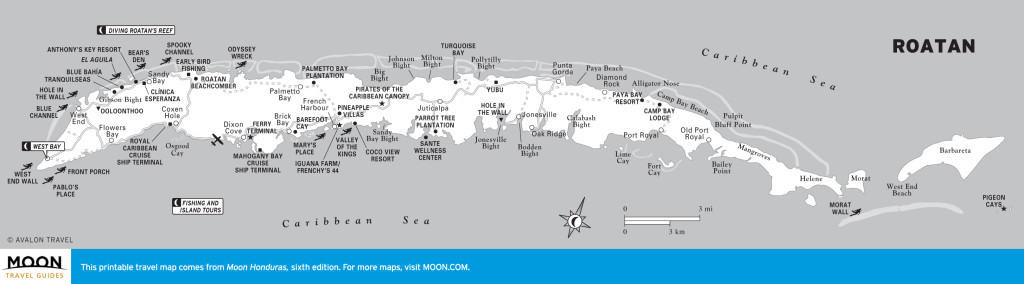 Travel map of Roatan, Honduras