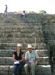 Amy and Antonio seated on one of the small pyramids in Copán’s Great Plaza.
