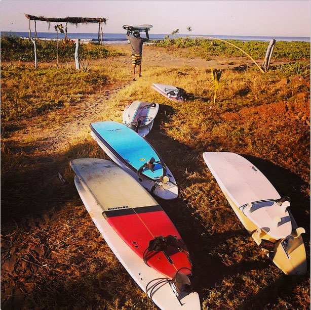 Surfboards stacked in the grass near the beach at Amigas Surf Retreat in Nicaragua.