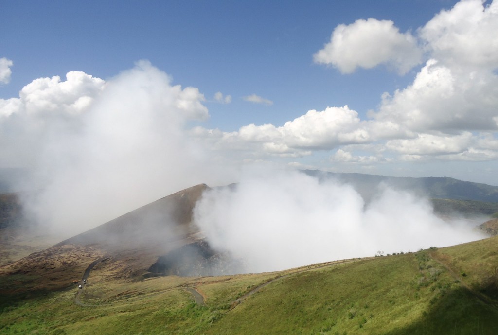 Steam rises from the open crater of the Masaya volcano.