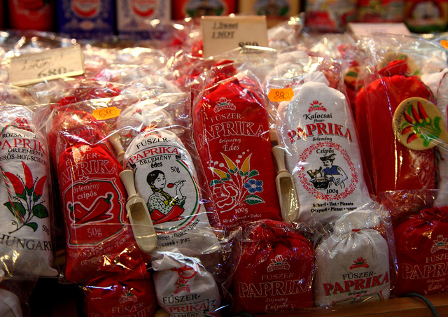 Bags of dried paprika stacked for sale in a shop in Budapest.