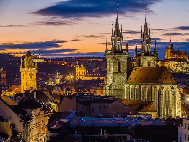 Prague from Powder Tower, with Our Lady before Týn, St. Nicolas, and St. Vitus Cathedral