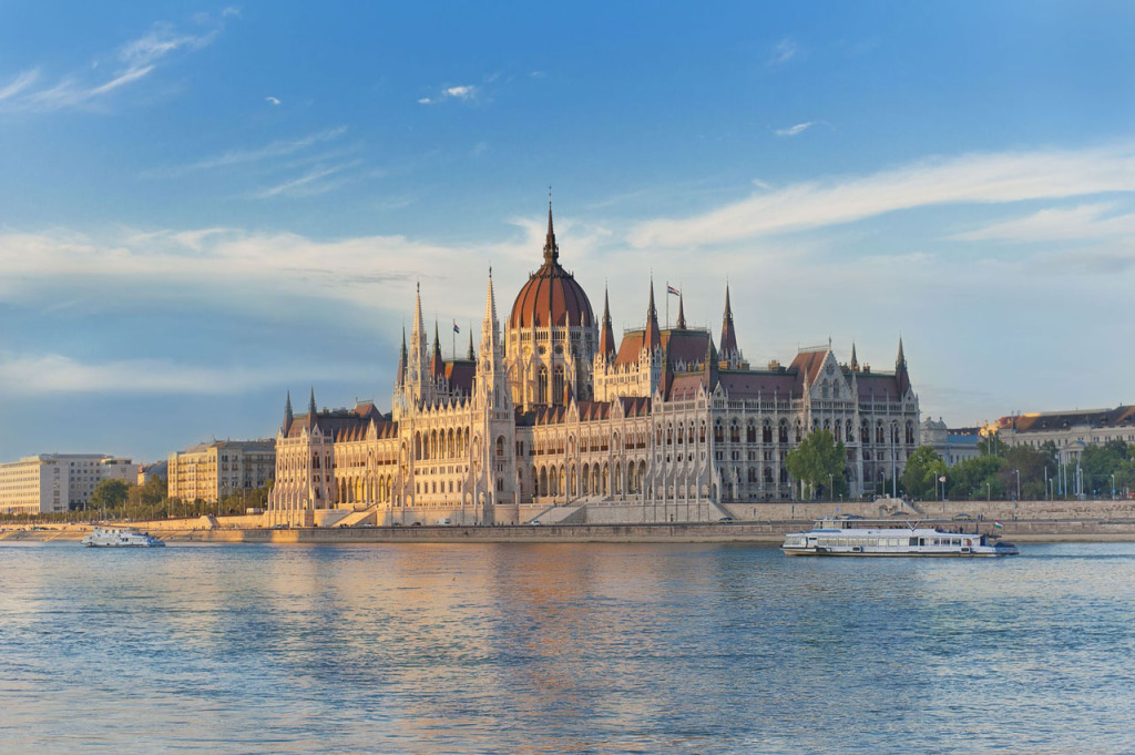 View of the Hungarian Parliament Building from the Buda side of Budapest.