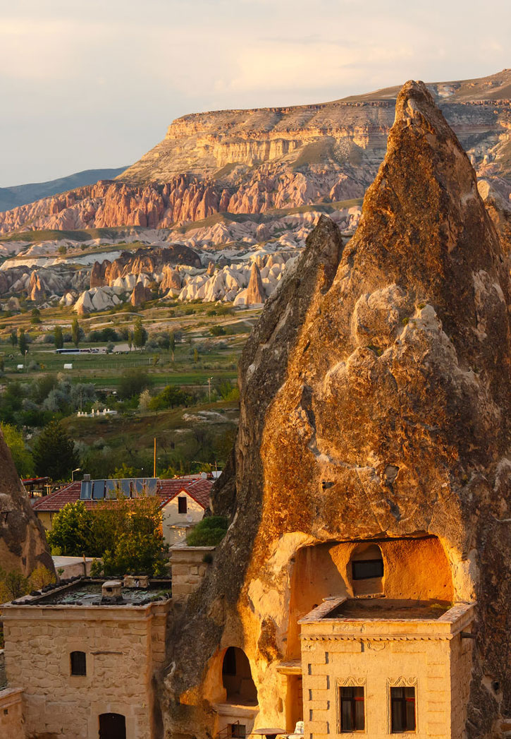 Buildings cut from rock in Cappadocia.
