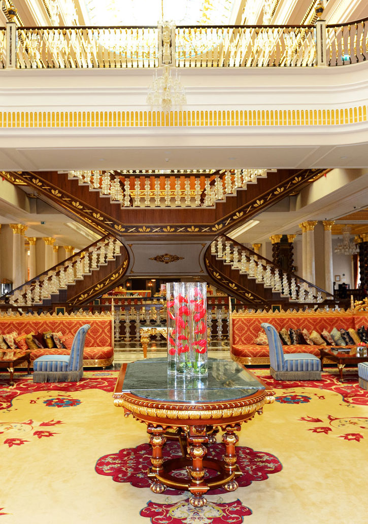 A richly appointed lobby in the Mardan Palace luxury hotel in Turkey.