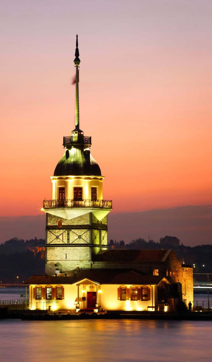 A one-time lighthouse known as Kız Kulesi (Maiden’s Tower) in the  southern entrance of the Bosphorus strait.