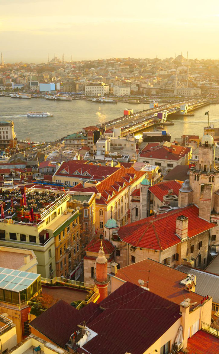 View across the rooftops of Istanbul at sunset.