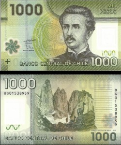 Front and back of bank notes worth 1000 pesos from Chile